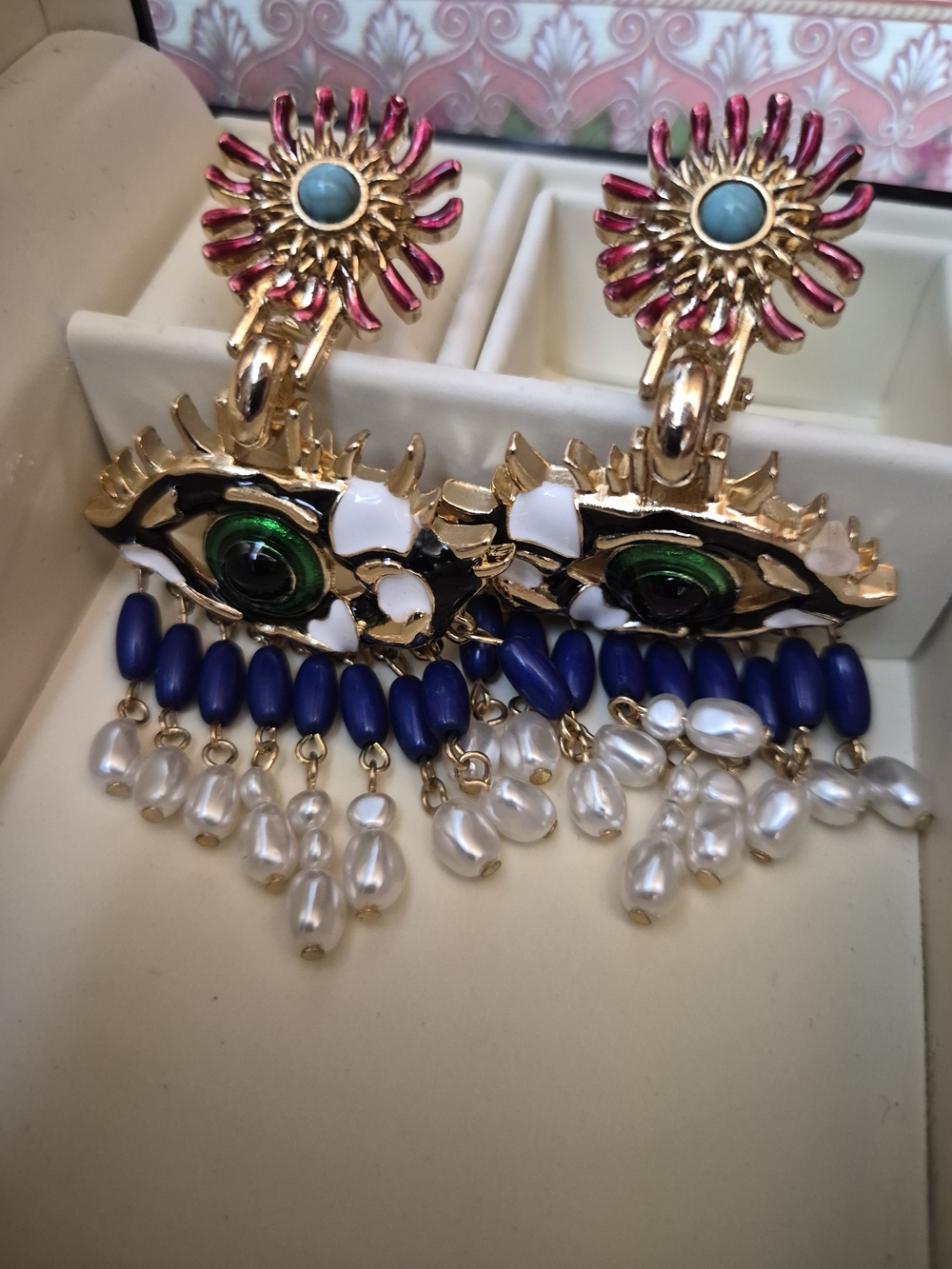 Gold-Tone Multicolor Eye Drop Earrings with Blue Beads and Pearl Dangles